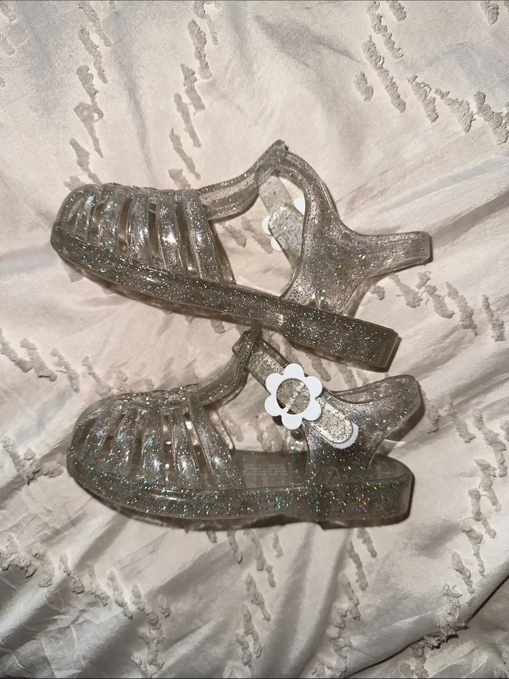 The Children's Place Silver Glitter Jelly Sandals with White Flower Accent